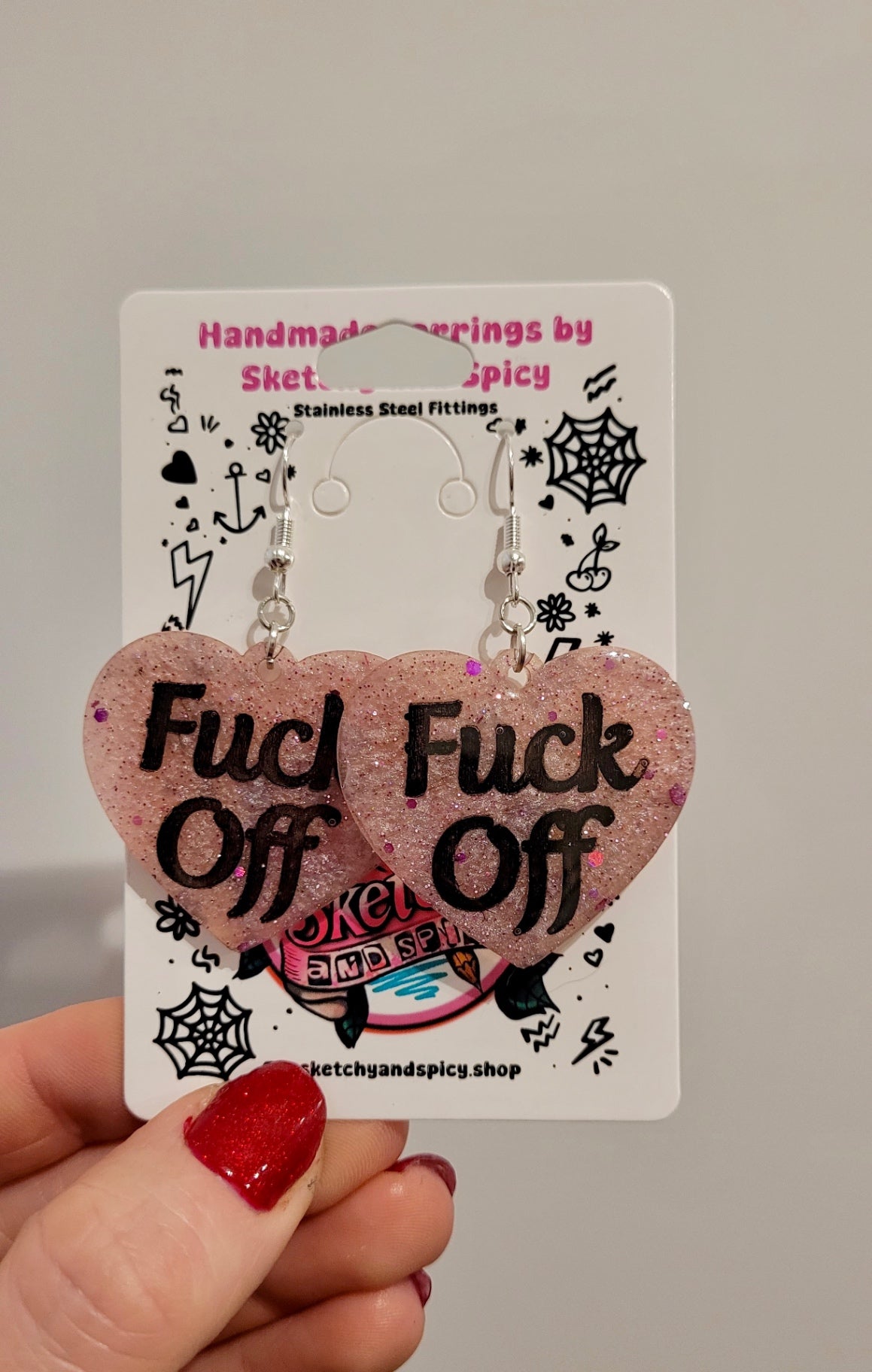 FUCK OFF Pale Pink Glitter Heart Earrings - Shepherd Hooks