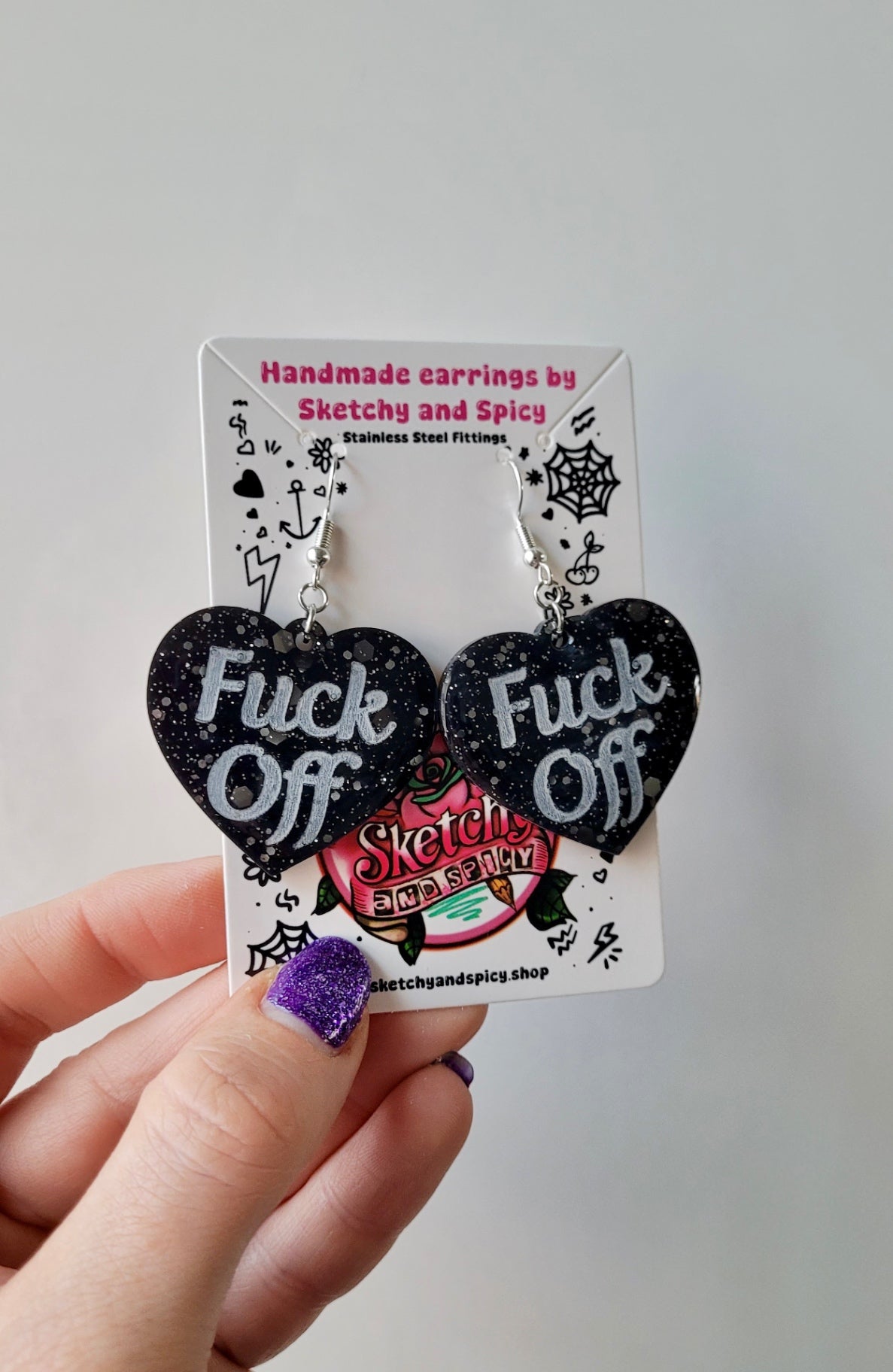 Fuck Off Black Glitter Heart Earrings with Shepherd Hooks