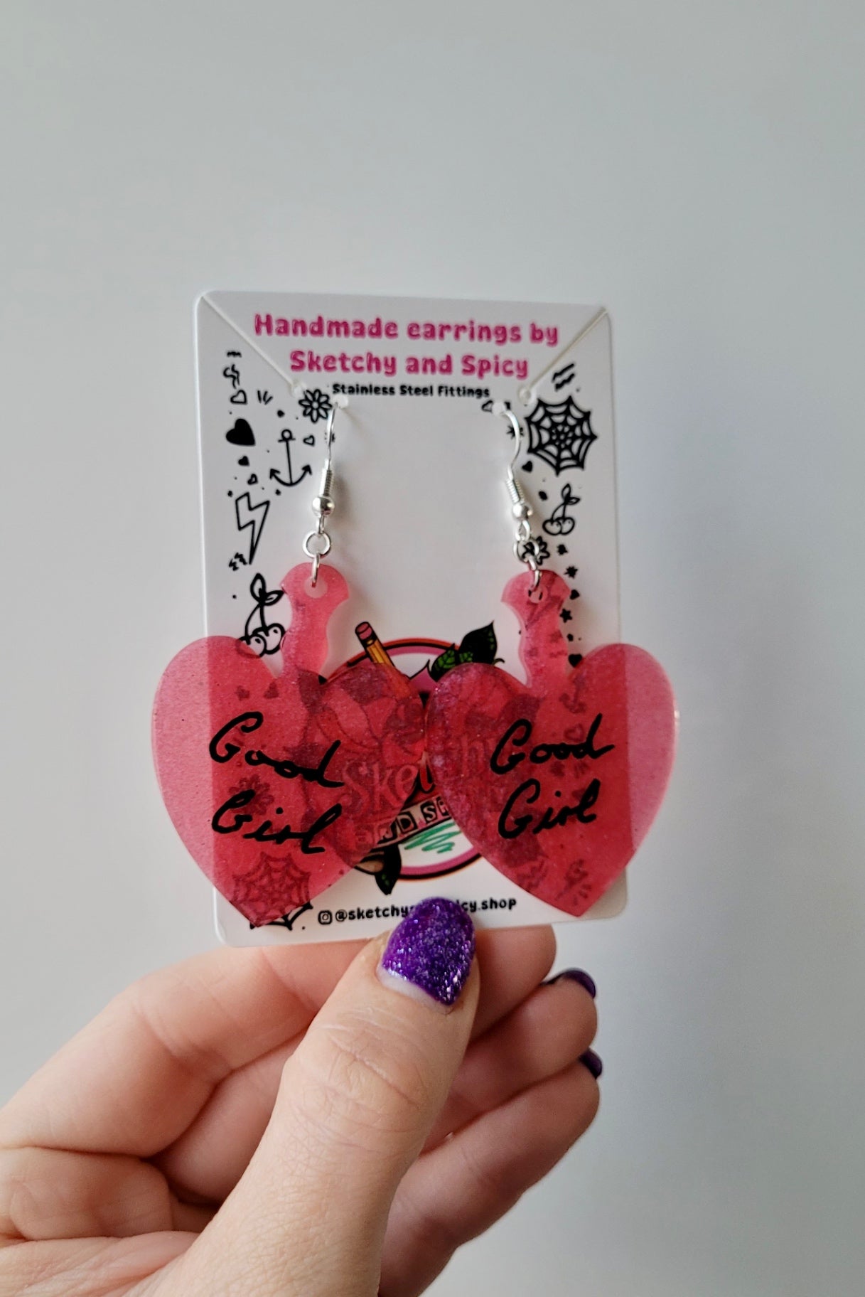 Good Girl Heart Paddle Earrings – Dark Pink Resin - Shepherd Hooks