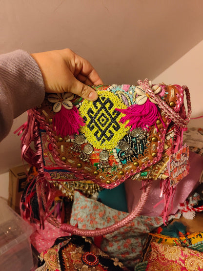 Chilean Boho bag -pink -coins shells tassles