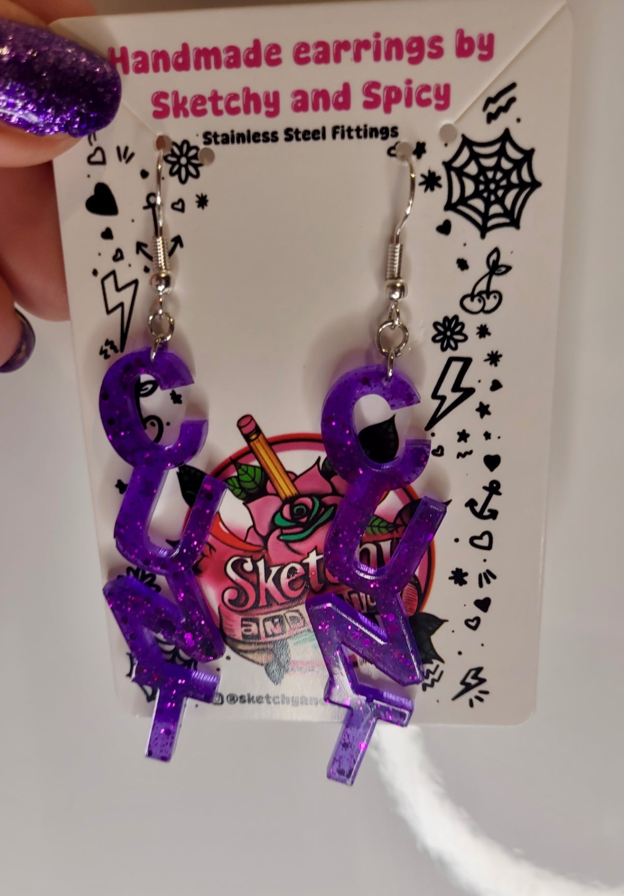 Purple Glitter CUNT earrings - Shepherd Hooks