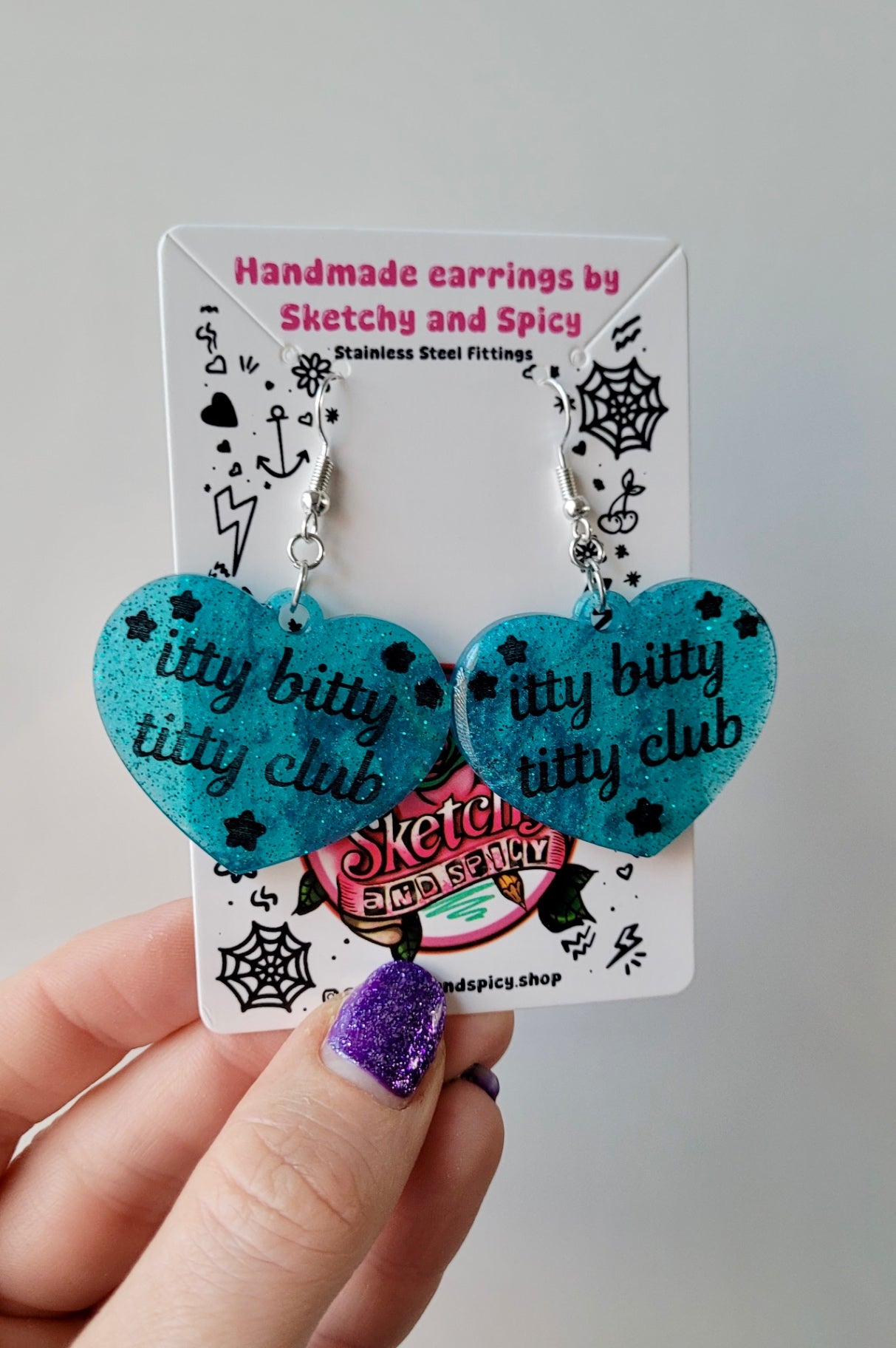 Itty Bitty Titty Club Heart Earrings – Teal Glitter - Shepherd Hooks