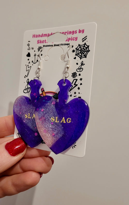 SLAG Resin Heart Paddle Earrings – Purple & Pink Shimmer - Shepherd Hooks