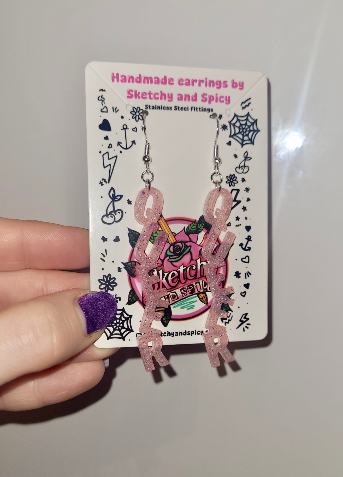 QUEER Letter Resin Earrings – Pale Pink Glitter