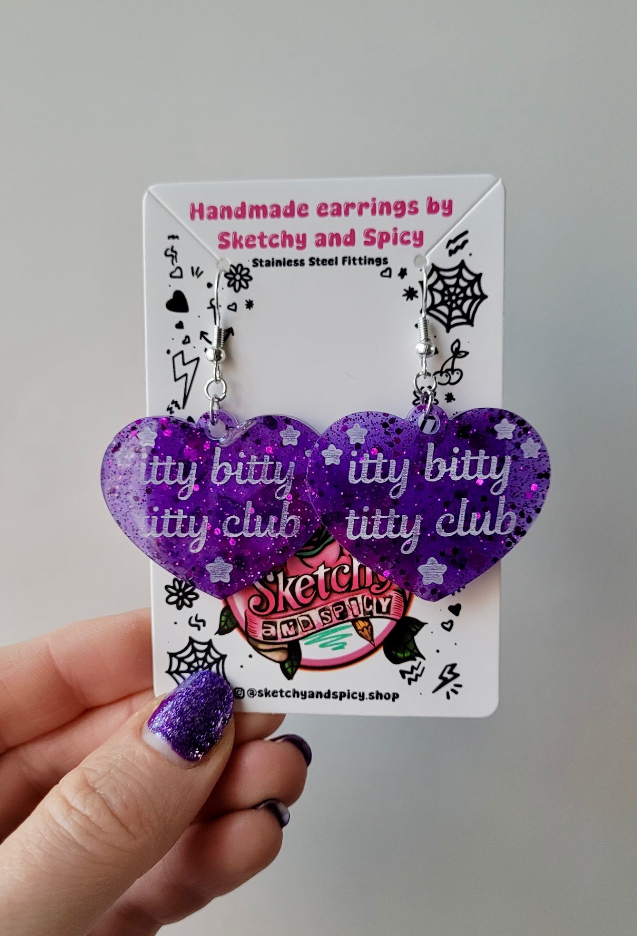 Itty Bitty Titty Club Heart Earrings – Purple Glitter - Shepherd Hooks