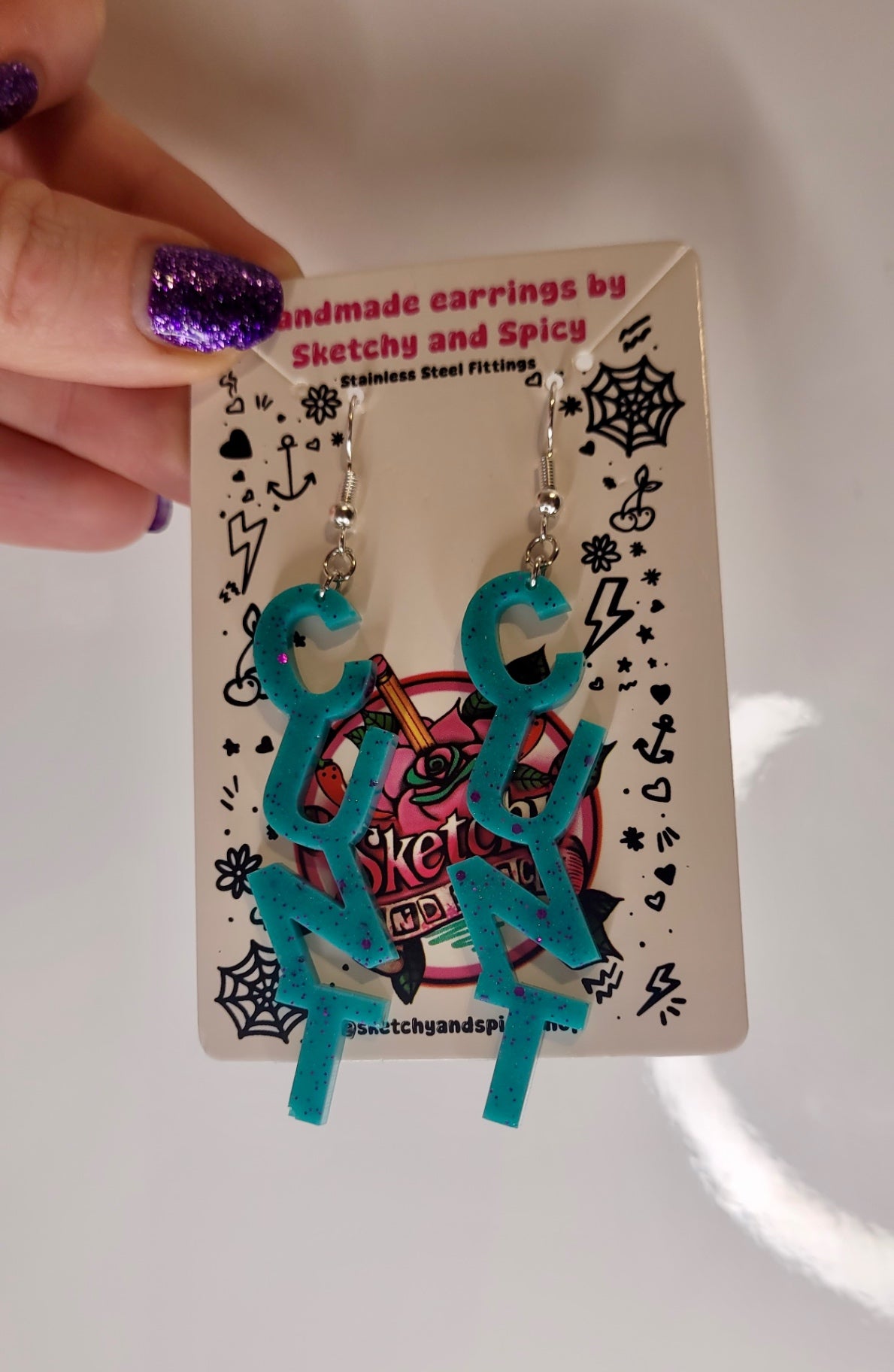 Teal & Purple Glitter CUNT Earrings - Shepherd Hooks