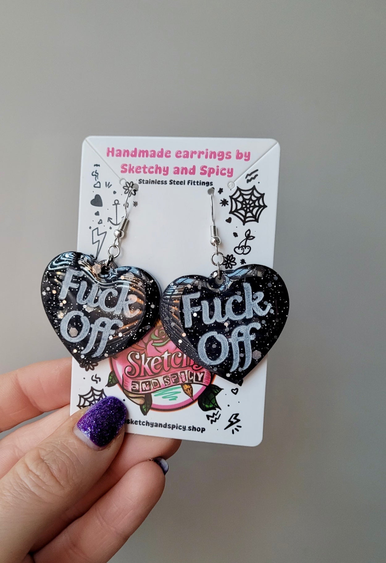 Fuck Off Black Glitter Heart Earrings with Shepherd Hooks