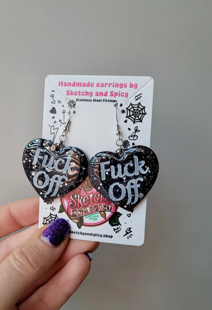 Fuck Off Black Glitter Heart Earrings with Shepherd Hooks