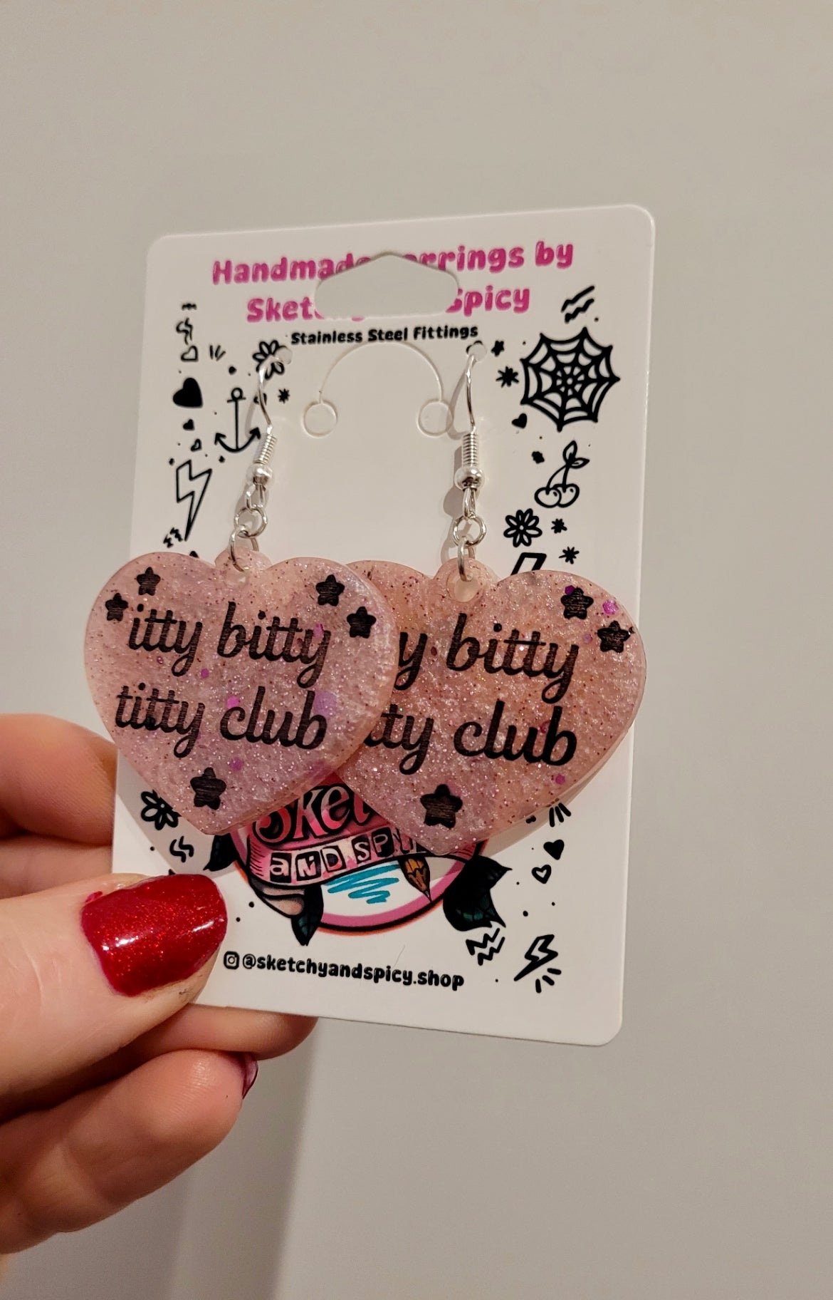 Itty Bitty Titty Club Heart Earrings – Pale Pink Glitter Resin - Shepherd Hooks