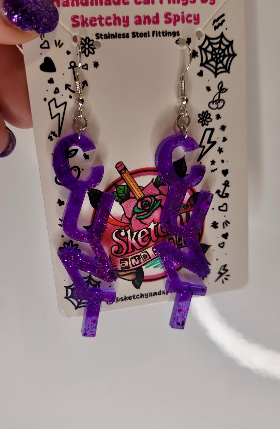Purple Glitter CUNT earrings - Shepherd Hooks