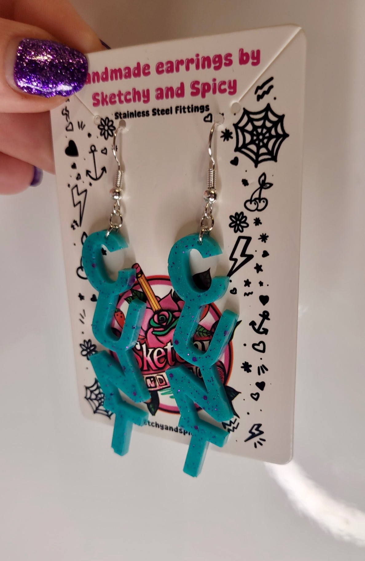 Teal & Purple Glitter CUNT Earrings - Shepherd Hooks