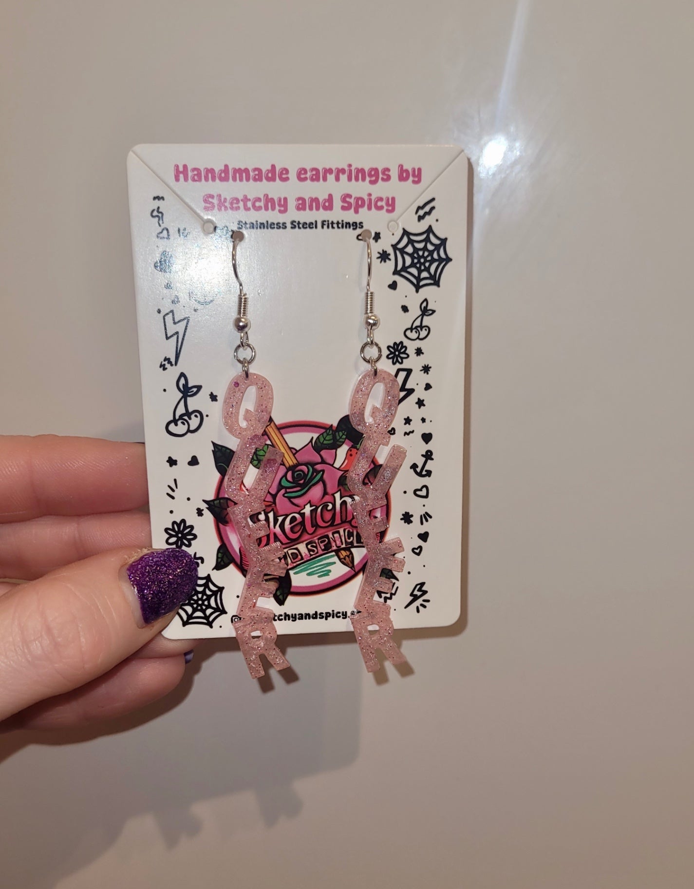 QUEER Letter Resin Earrings – Pale Pink Glitter
