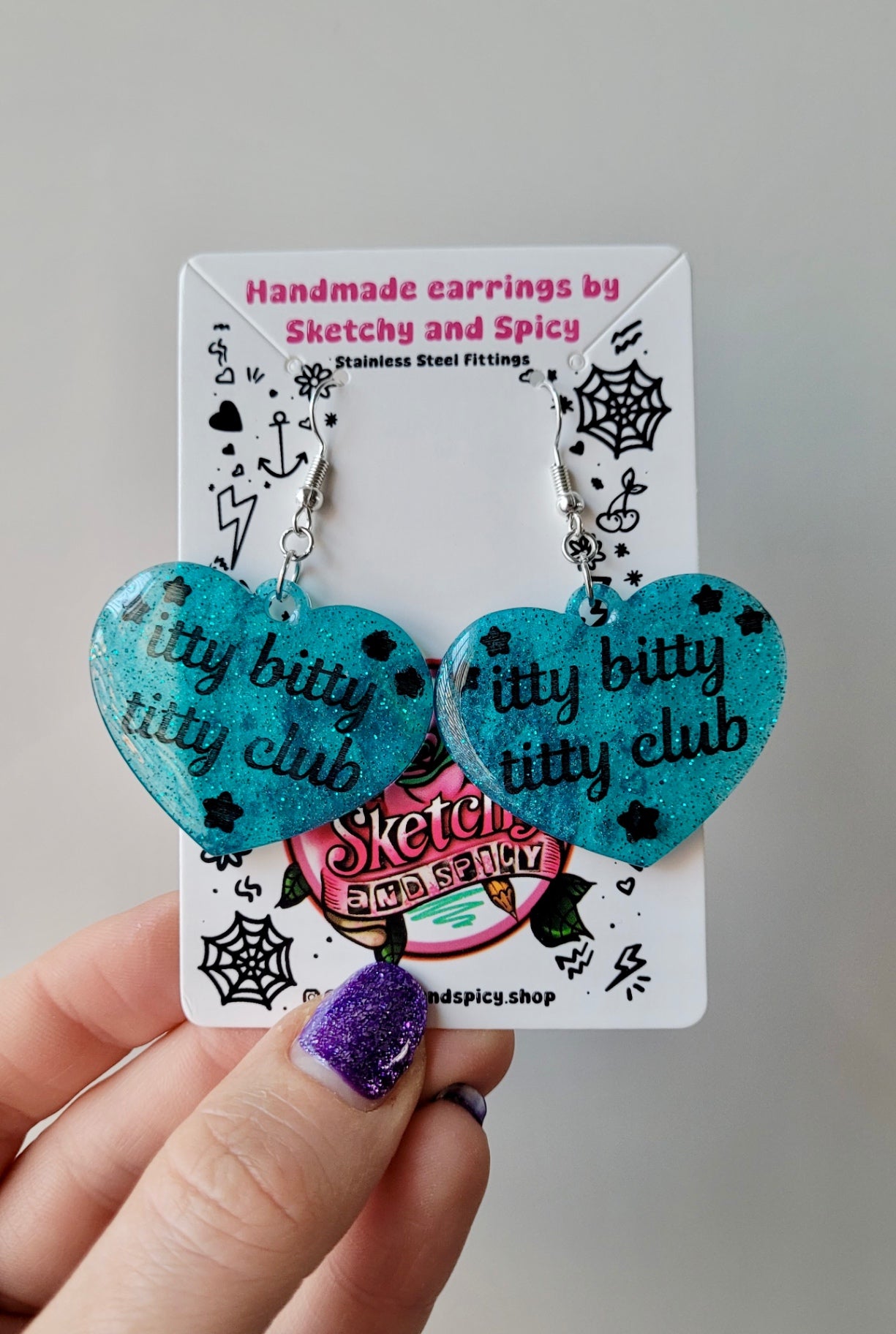 Itty Bitty Titty Club Heart Earrings – Teal Glitter - Shepherd Hooks