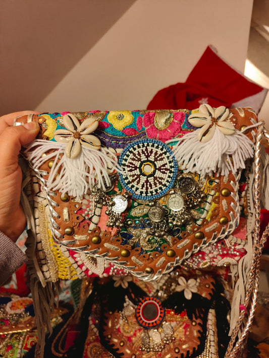 Chilean Boho bag - silver coins shells tassles 