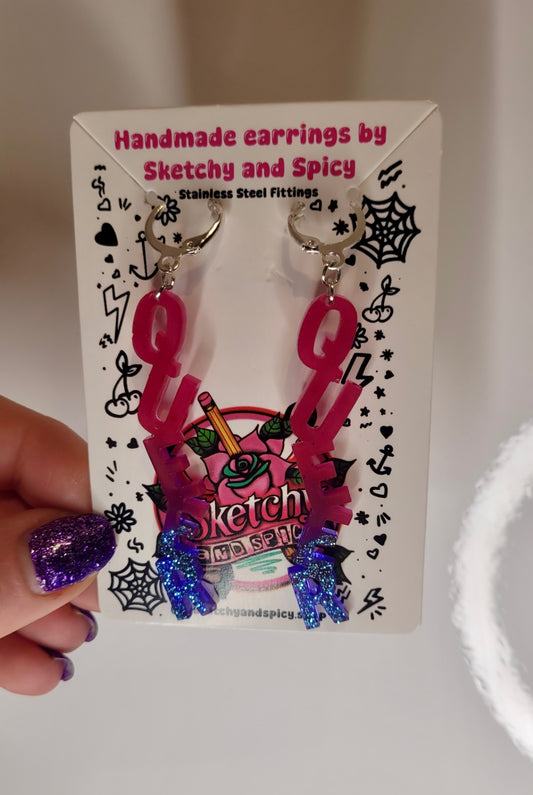 QUEER Statement Letter Resin Earrings – Pink & Blue Glitter
