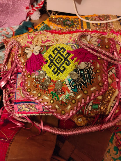 Chilean Boho bag -pink -coins shells tassles