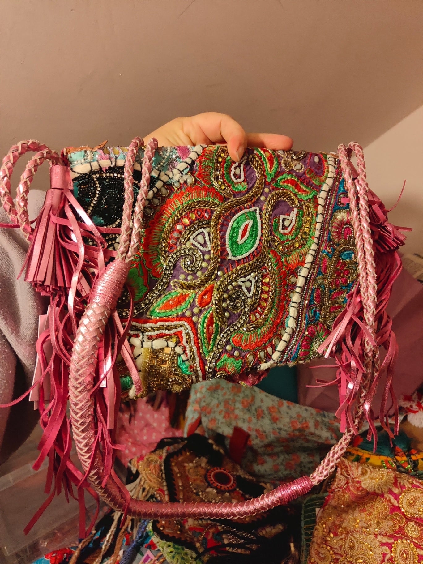 Chilean Boho bag -pink -coins shells tassles