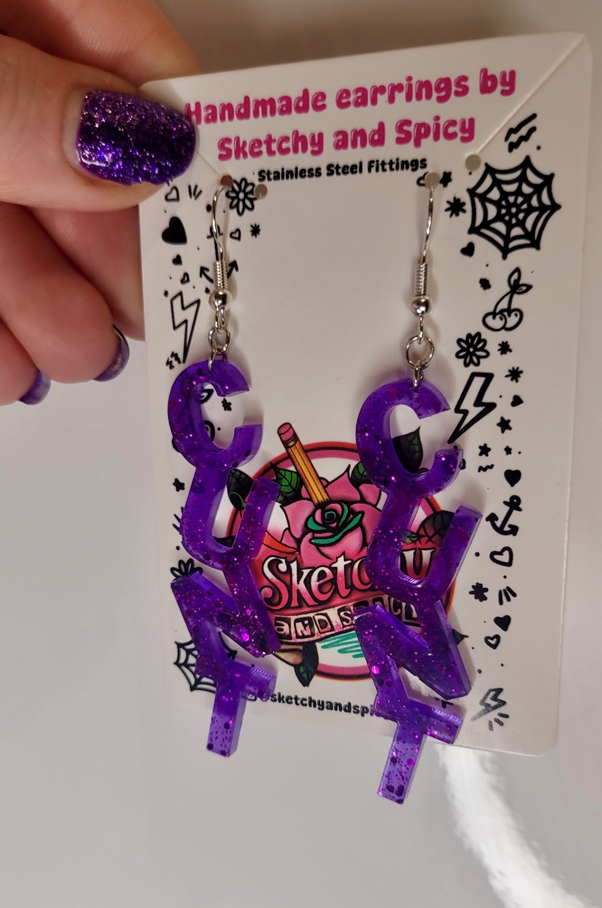 Purple Glitter CUNT earrings - Shepherd Hooks