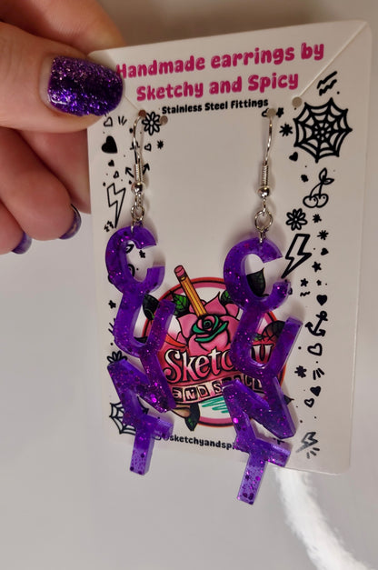 Purple Glitter CUNT earrings - Shepherd Hooks