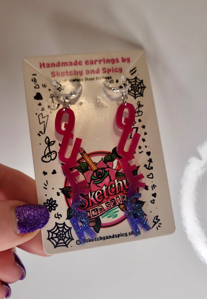 QUEER Statement Letter Resin Earrings – Pink & Blue Glitter