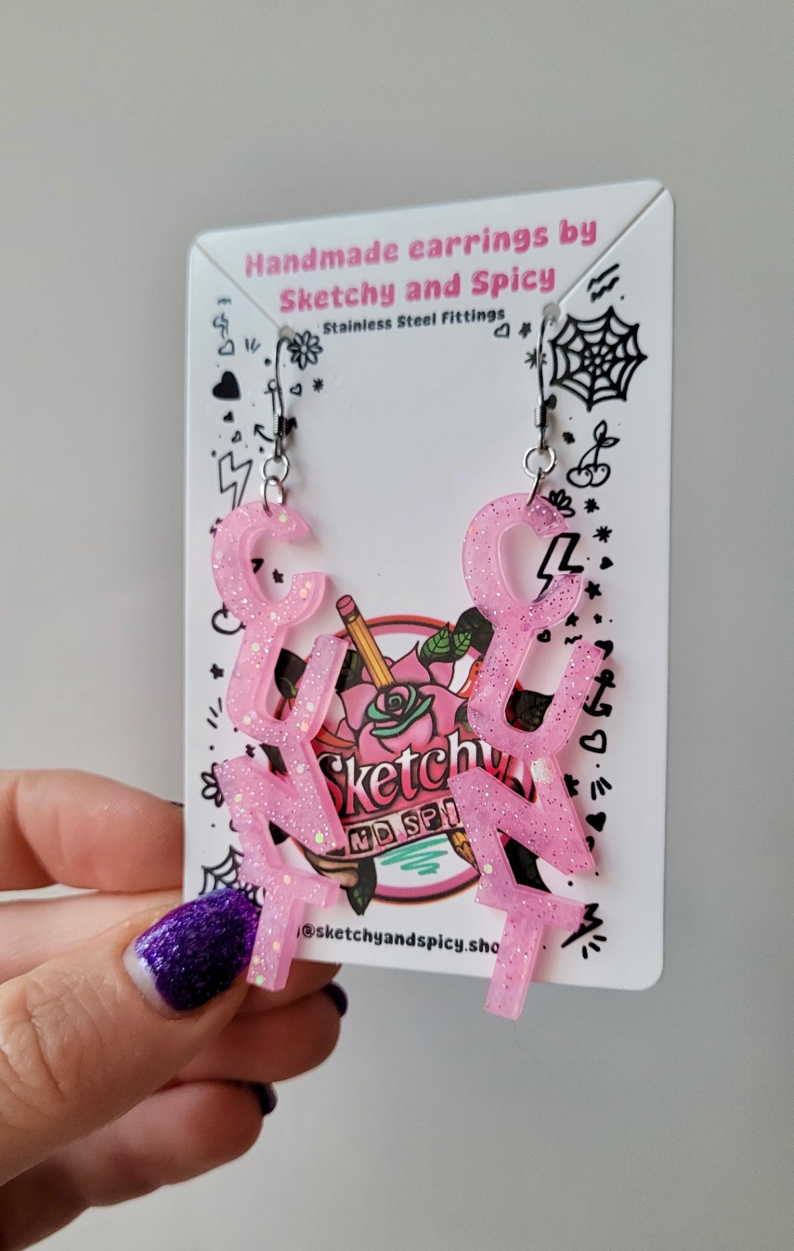 Light Pink Glitter CUNT Resin Earrings - Shepherd Hooks