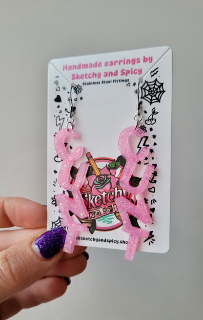 Light Pink Glitter CUNT Resin Earrings - Shepherd Hooks