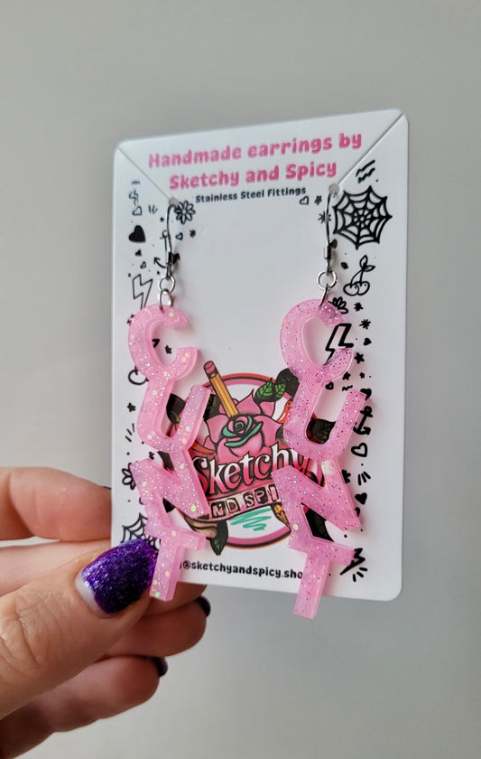 Light Pink Glitter CUNT Resin Earrings - Shepherd Hooks
