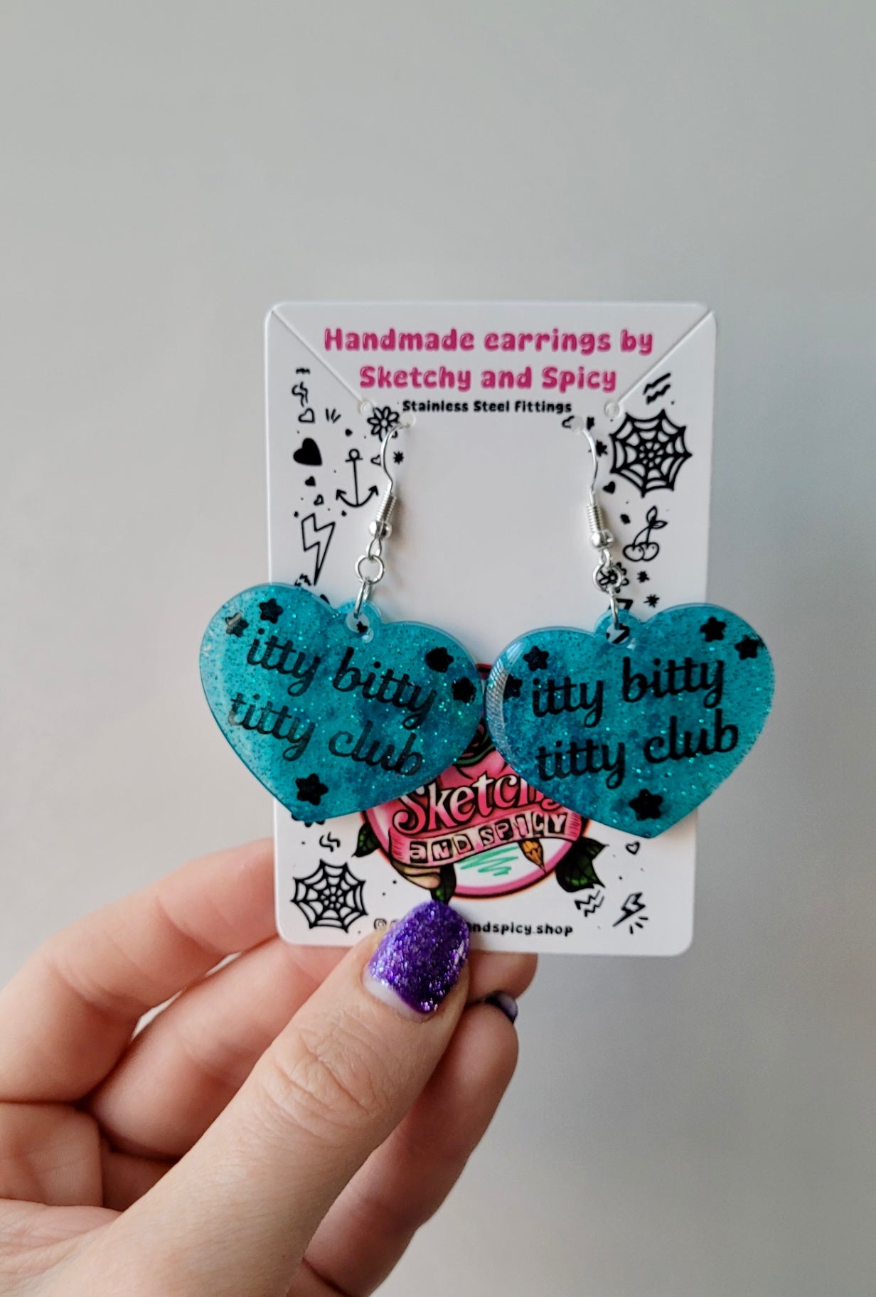 Itty Bitty Titty Club Heart Earrings – Teal Glitter - Shepherd Hooks