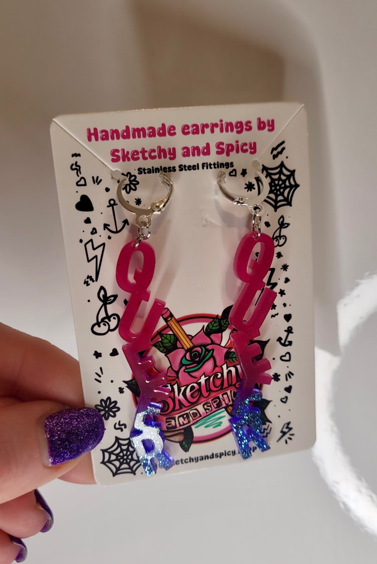 QUEER Statement Letter Resin Earrings – Pink & Blue Glitter
