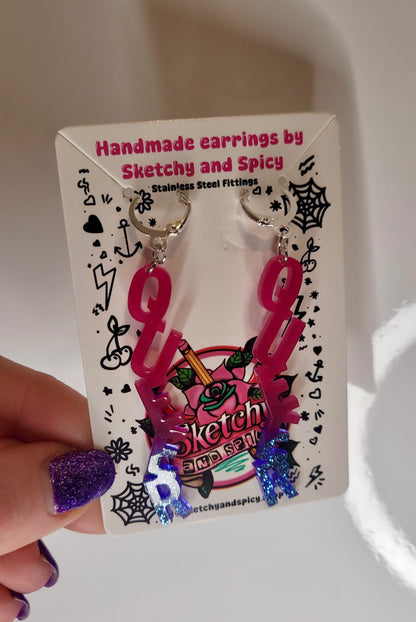 QUEER Statement Letter Resin Earrings – Pink & Blue Glitter