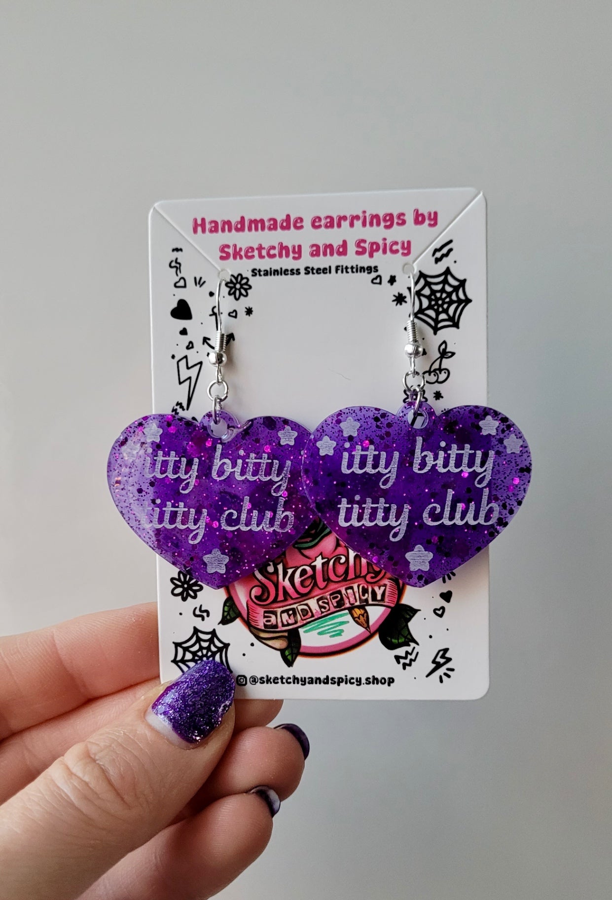 Itty Bitty Titty Club Heart Earrings – Purple Glitter - Shepherd Hooks