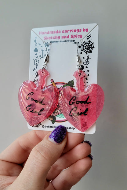 Good Girl Heart Paddle Earrings – Dark Pink Resin - Shepherd Hooks