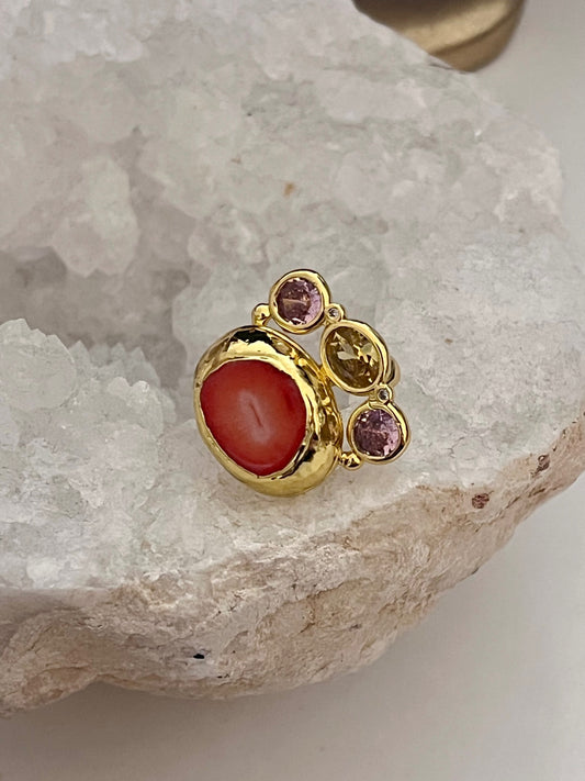 Coral and purple green Topaz Ring Adjustable