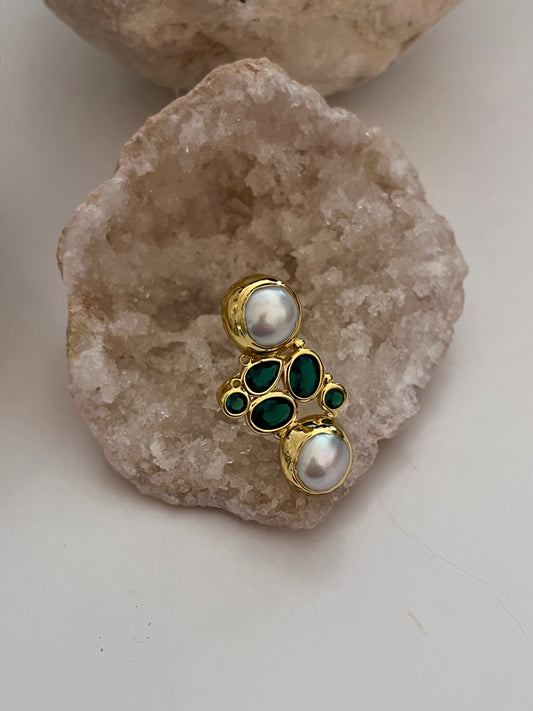 Luna Alchemy Cluster Ring — Biwa Pearl & Green Topz Crystal (Gold)