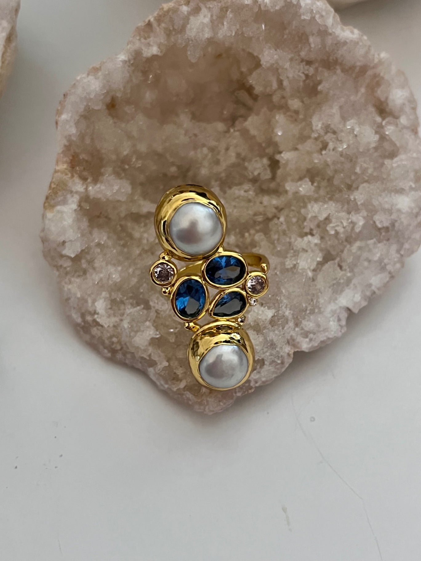 Luna Alchemy Cluster Ring — Biwa Pearl & Blue Crystal (Gold)