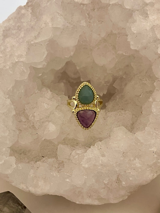 Oval twin Amethyst and Ocean topaz ring