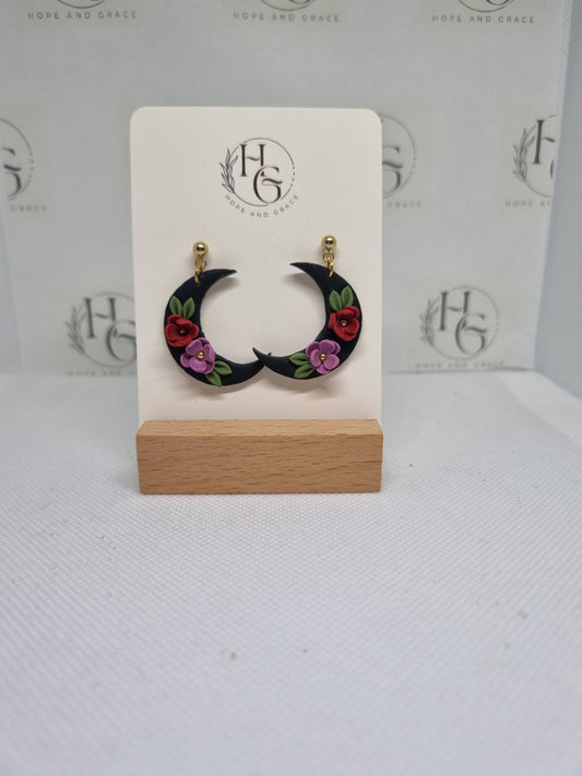 Black moon flower earrings