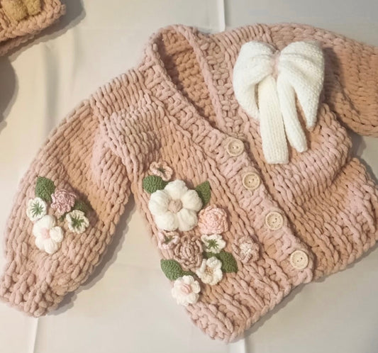Handmade Pink Chunky Knit Cardigan With With Bow Detail