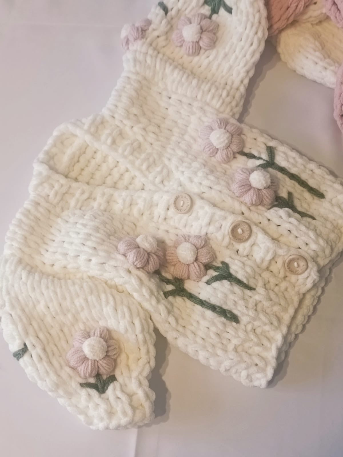 Handmade Chunky Cream With Flowers Front And Back 