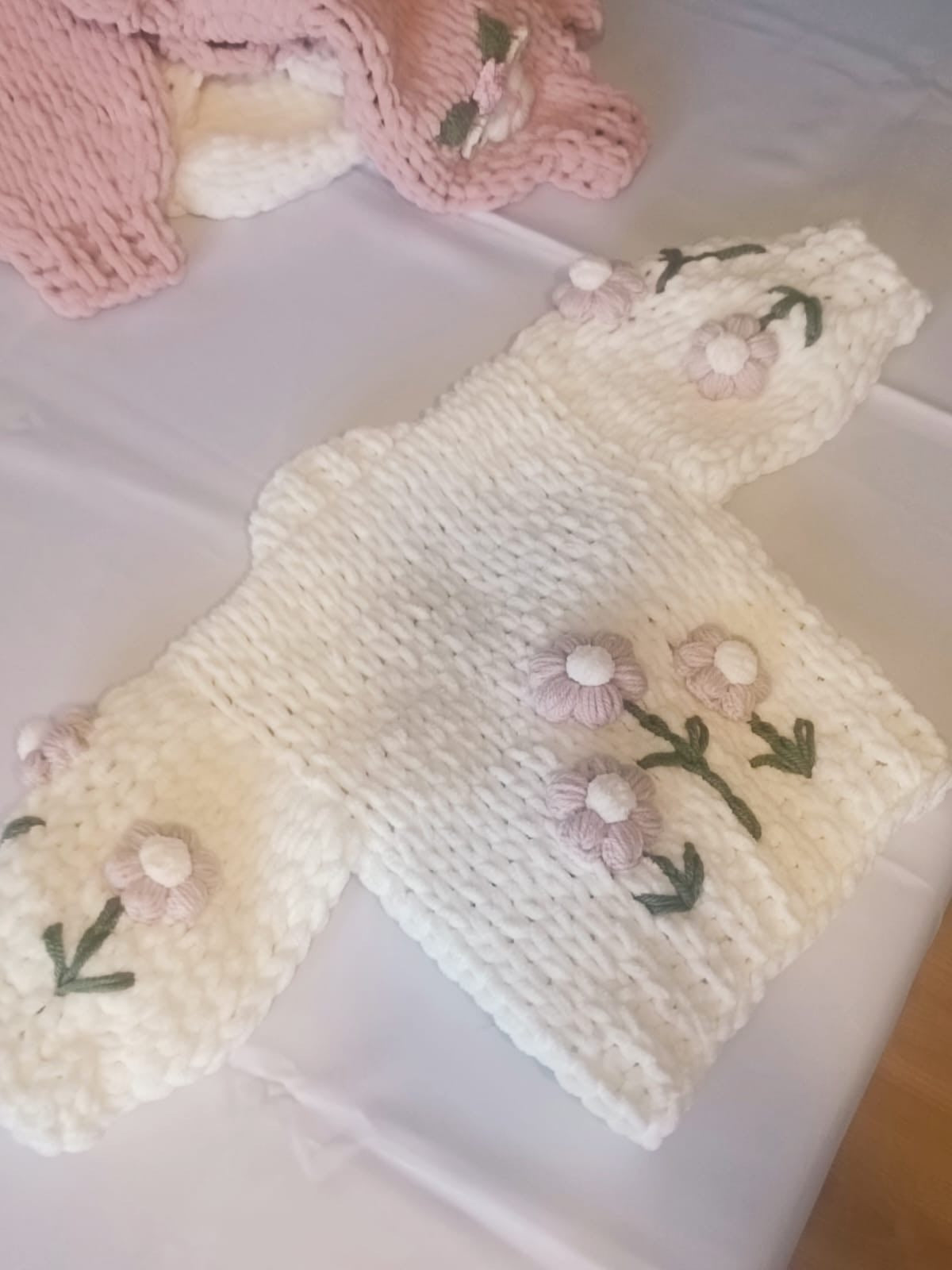 Handmade Chunky Cream With Flowers Front And Back 
