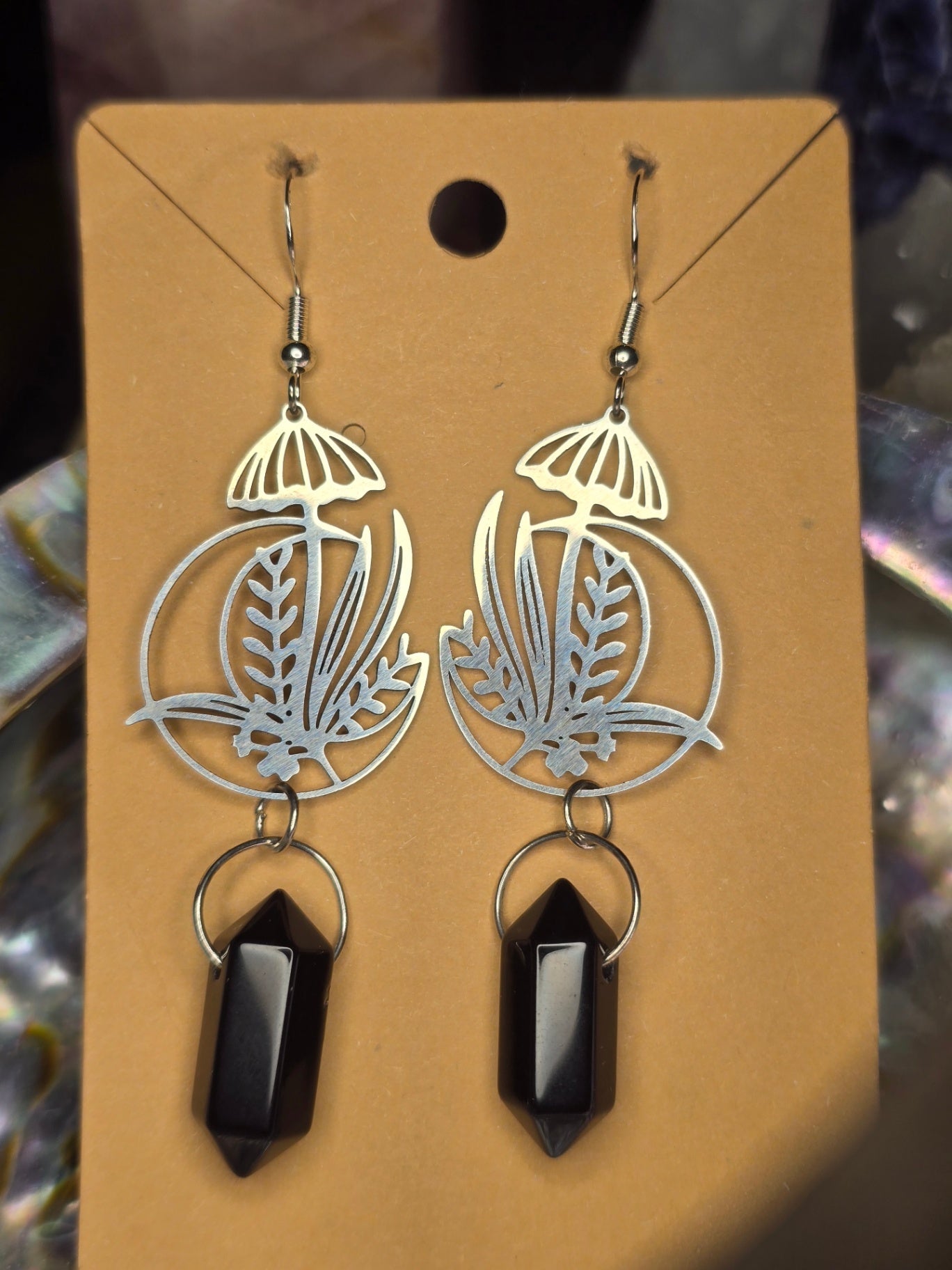 Black obsidian point mushroom earrings 