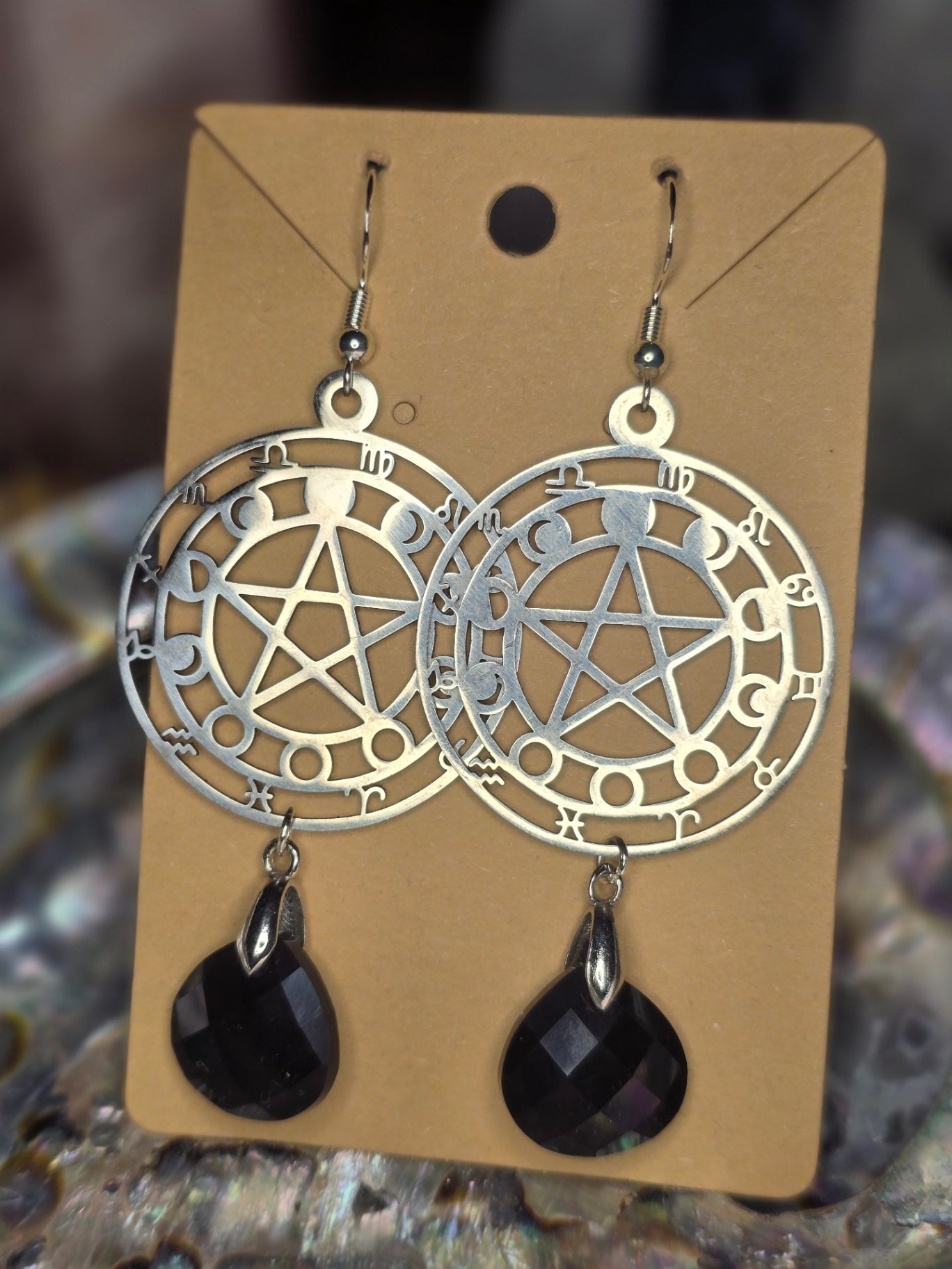 Black obsidian pentacle earrings 