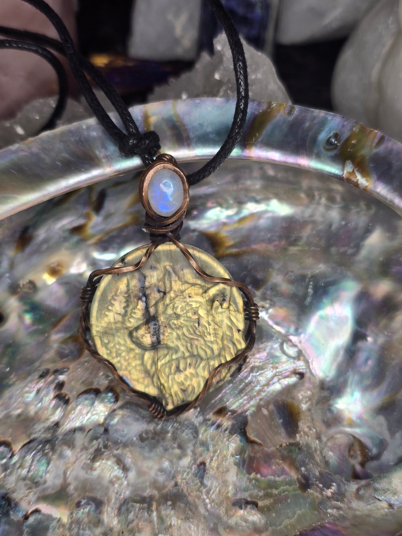 Labradorite and moonstone wolf necklace 