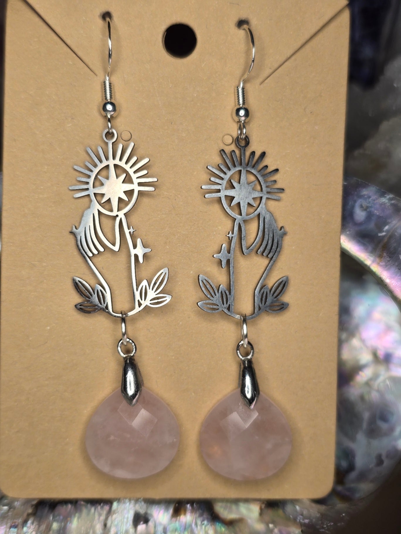 Mystical hand rose quartz earrings 