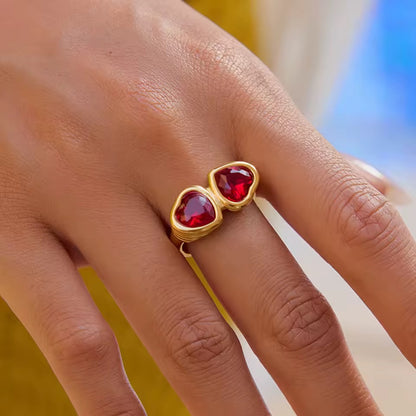 Valentine Red Twin Heart Ring Gold