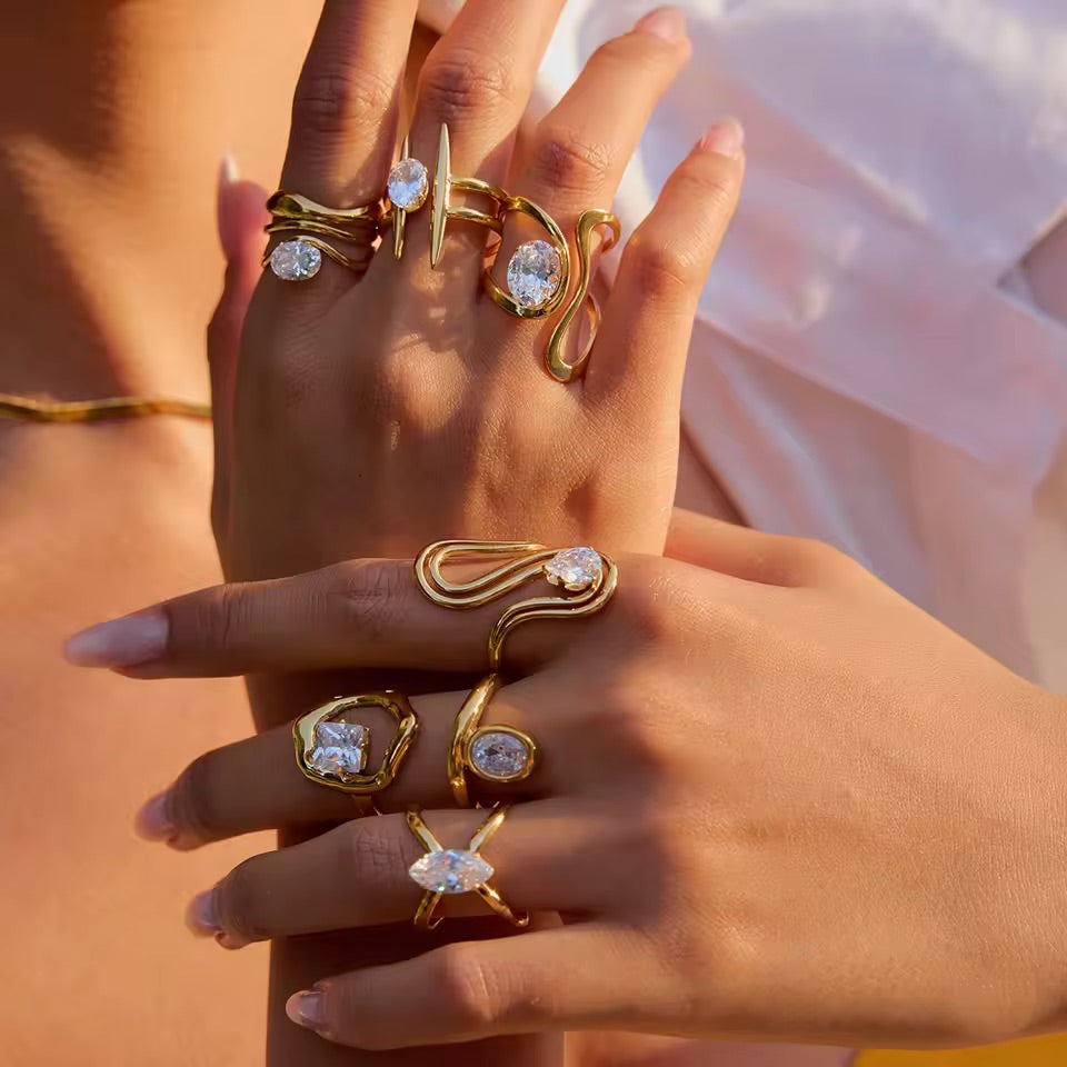 Serpent Wave Crystal Statement Ring Gold
