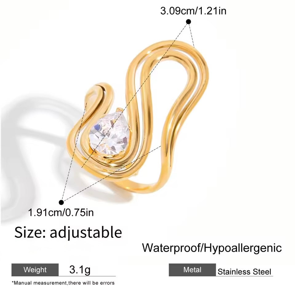 Serpent Wave Crystal Statement Ring Gold