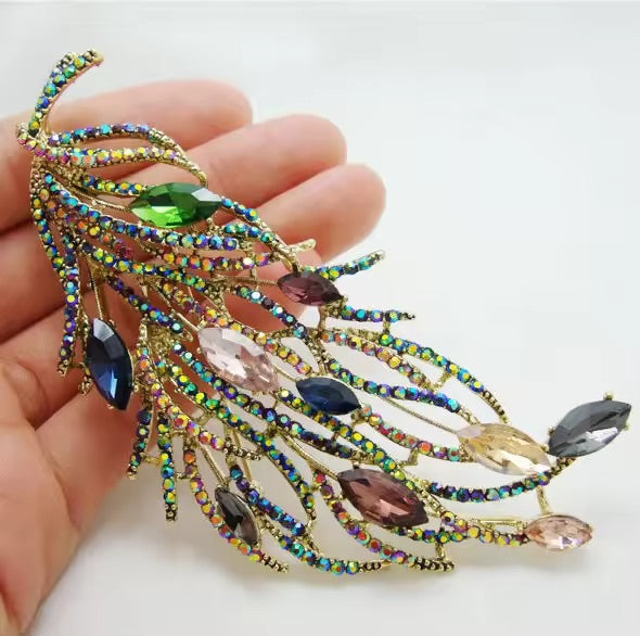 Large Crystal Feather Brooch