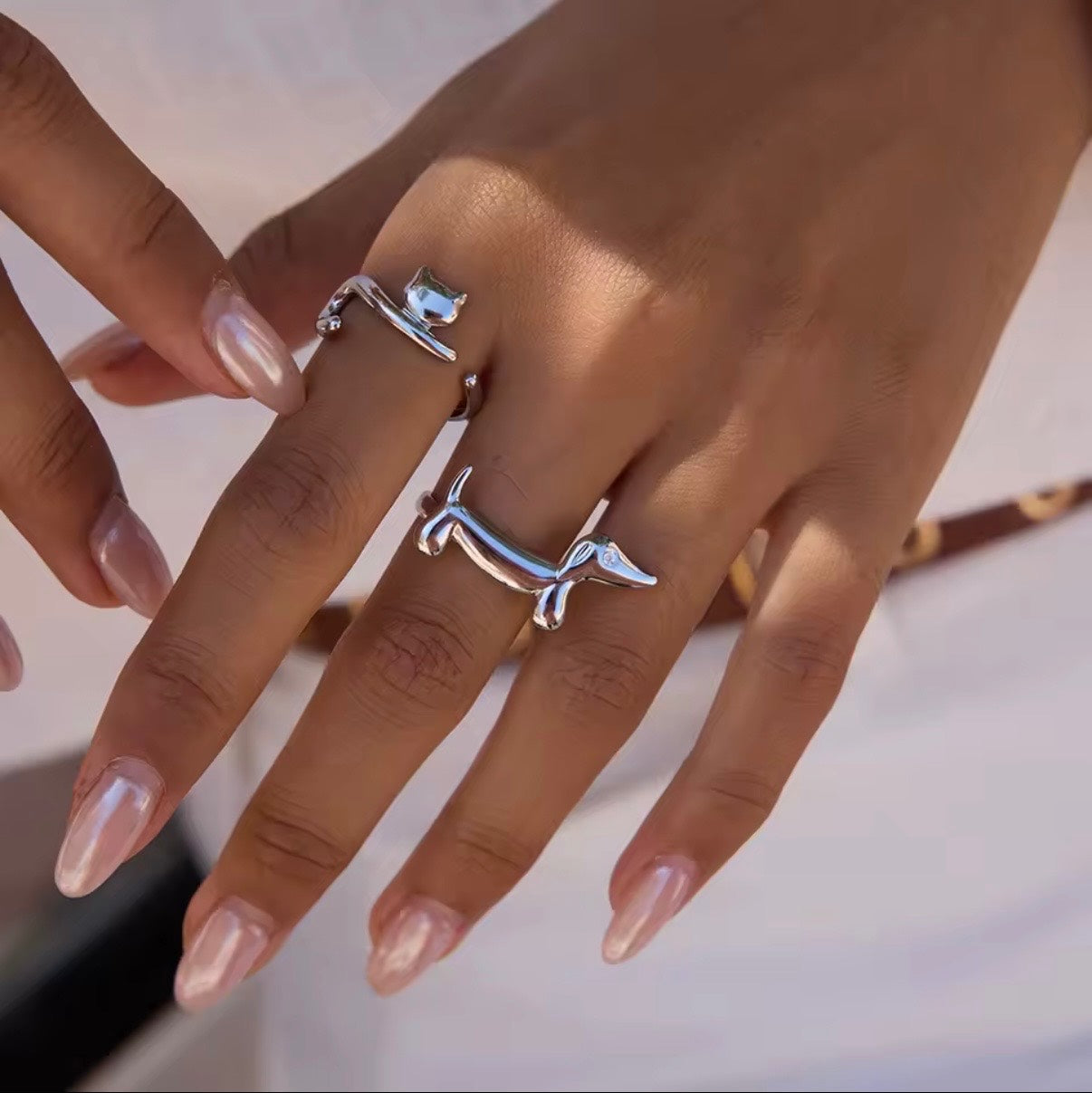 Silver Crystal Sausage Dog Ring