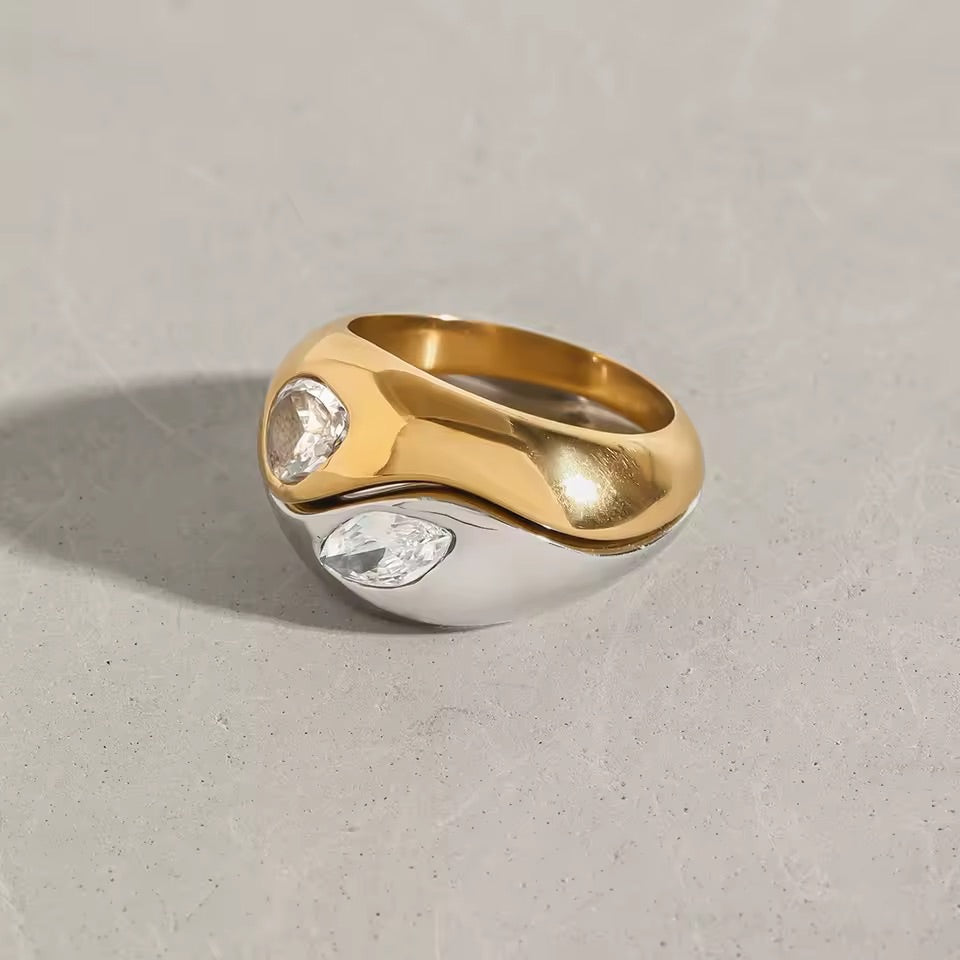 Mixed Metal Crystal Yin And Yang Ring